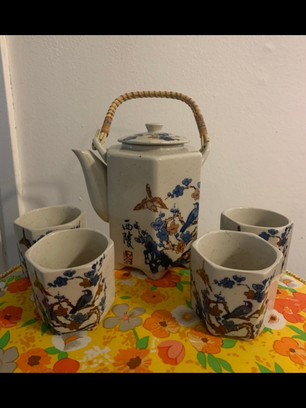 Ceramic Blue Floral Teapot Set with Bamboo Handle